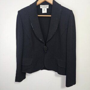 ST. JOHN Evening Santana Knit Blazer Jacket Sz 8 Black Embellished Brouch